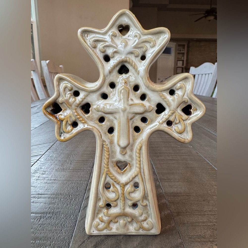 Glazed Ceramic Cross Tea Light Candle Holder